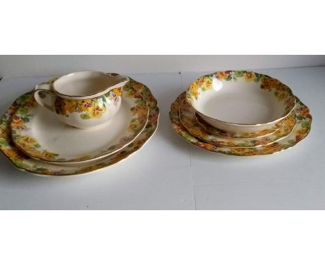 A Royal Doulton "Nasturtium" pattern part dinner service comprising 8 dinner plates 26 cm D, 6 smaller plates 22 cm D, six si