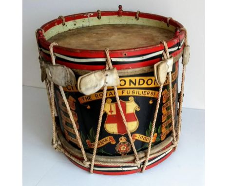 A WWI wooden bound metal bandsman's parade drum by Henry Potter &amp; Co., London, polychrome decorated with '4th City of Lon