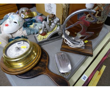 Art Deco chrome lamp, painted composition figure of a classical maiden, a modern wall barometer etc