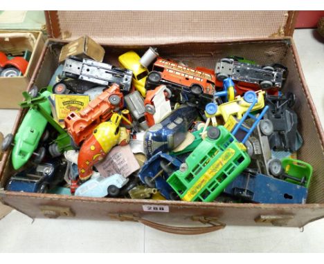 Vintage suitcase of predominantly tinplate vehicles etc