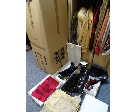 Box of vintage lady's clothing including labels by Monsoon, Marina Avraam of London also a fur jacket, a fleece and fur jacke
