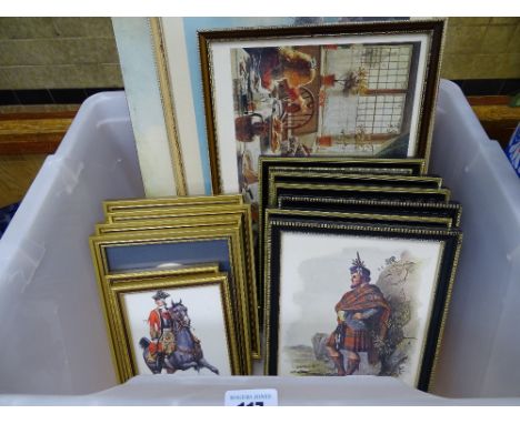 Tub of prints of gentlemen in Scottish tartan and a small oval print of infantry etc