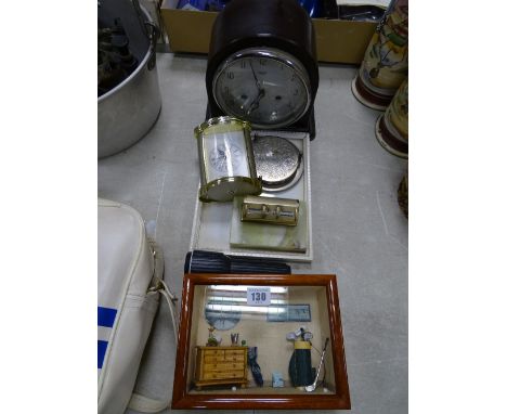 Smiths, Enfield mantel clock, small modern carriage clock, onyx calendar etc