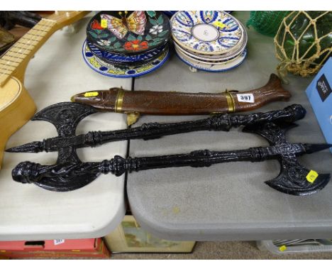 Pair of cast iron axe wall displays and a carved fish, knife and sheath