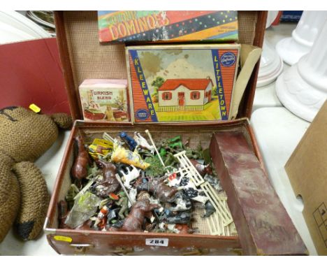 Vintage small suitcase with quantity of metal farm and similar animals, domino set etc