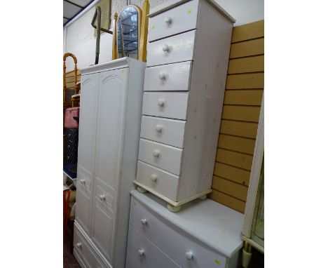 Parcel of modern bedroom furniture comprising two door wardrobe, four drawer chest, narrow seven drawer chest and mirror