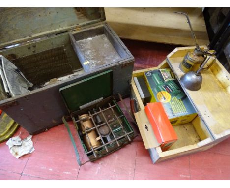 Vintage wooden box with metal corner bandings, interior slider tray and a smaller modern wooden carry box with Bosch orbital 