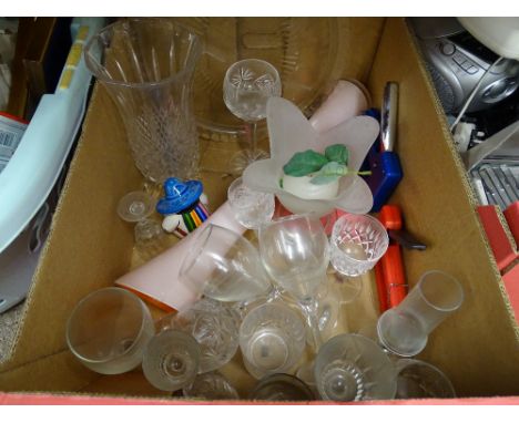 Mixed selection of vintage glassware, two staple guns etc