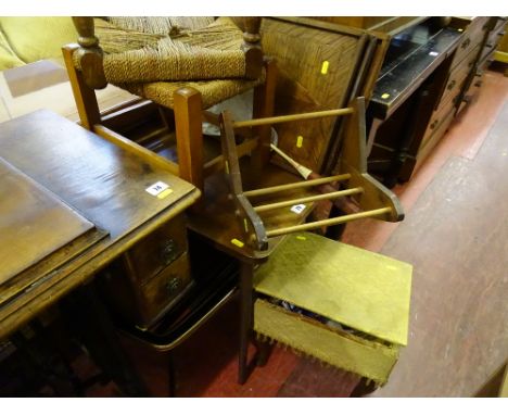 Parcel of vintage coffee tables, string topped stools, small bookshelf etc