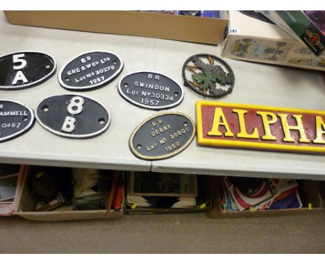 Alpha reproduction train name plate and six reproduction cast engine plates etc