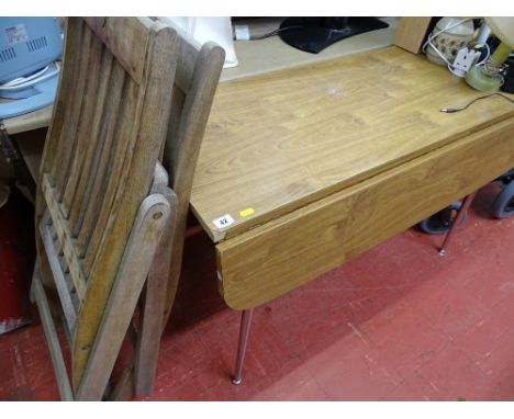 Pair of garden hardwood chairs and a vintage wood effect twin flap table with silver coloured legs