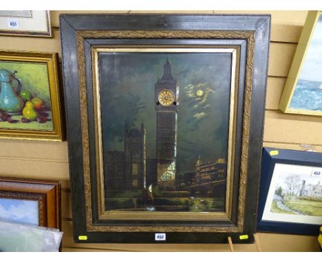 Houses of Parliament painting with musical chiming clock and movement