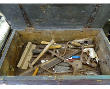 Vintage wooden box with vintage tool contents, 'A English' painted to the exterior