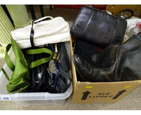 Plastic crate and a box of vintage handbags etc