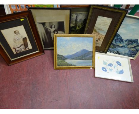Parcel of prints, watercolours and a photograph of a vintage lady, landscape by H BENNETT etc