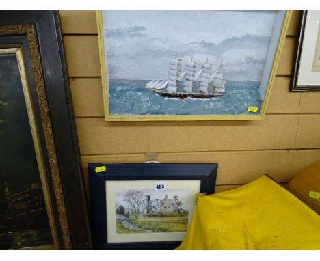 Small ship diorama and a framed print of a castle ruin