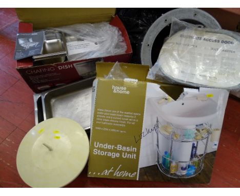 Under basin storage unit in a box, a large metal catering filter, two metal catering trays and a chafing dish (boxed)
