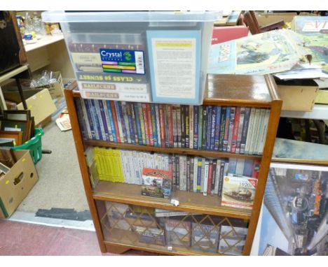 Vintage bookcase and a crate of railway and steam related DVDs, videos etc