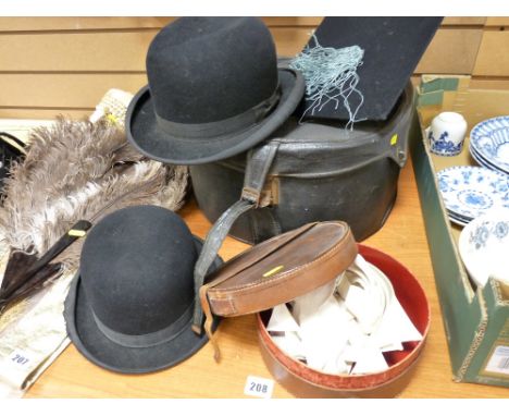Vintage hat box, two bowler hats by Vadum & Moss Bros and a boater etc