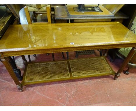 Modern slim high veneer coffee table with lower basket weave shelf