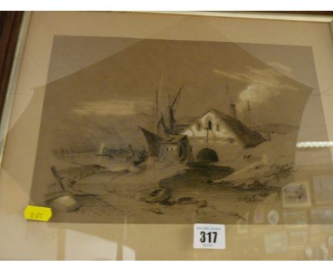 DUDSON? pencil drawing - mill and dockside scene