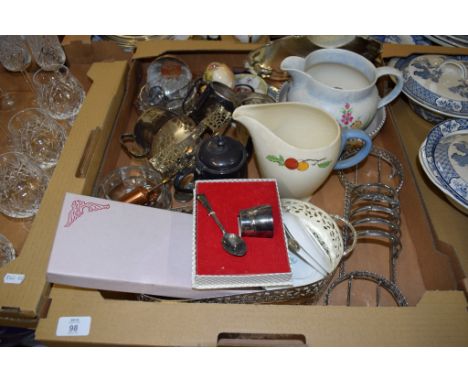 POTTERY AND PLATED ITEMS INCLUDING A GRINDLEY DECO JUG AND A POOLE POTTERY BOWL