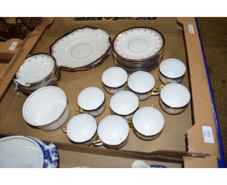 BOX CONTAINING TEA WARES INCLUDING NINE CUPS, SAUCERS, SANDWICH PLATE ETC