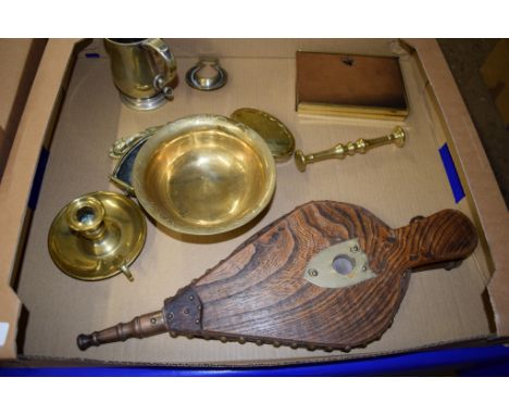 METAL WARES INCLUDING A BRASS TAPER STICK AND A PAIR OF BELLOWS