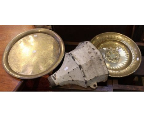A cast rain hopper, two brass plates and a wooden cutlery tray