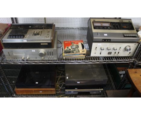 A selection of stereo equipment, turntables mixing desks etc a/f Pioneer JVC etc, plus a selection of vintage 45's&nbsp;