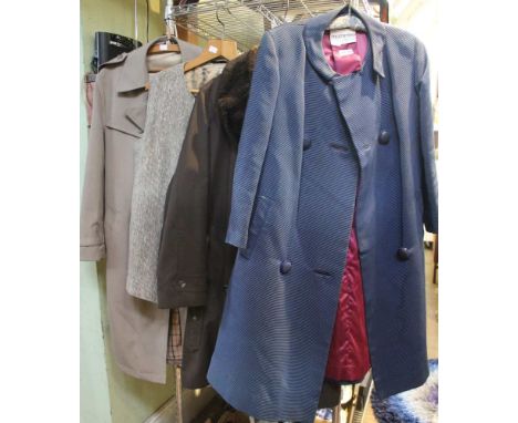 A Burberry style overcoat, a fur lines waistcoat, a ladies overcoat &amp; blue ladies coat
