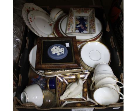 A box of ceramic wares includes a Wedgwood plaque, Royal Worcester &amp; Spode, together with two paperweights &amp; trinket 