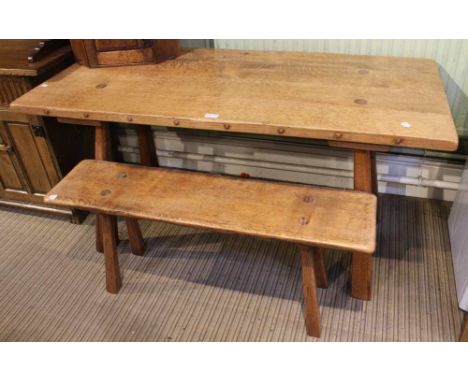 A light oak rustic arts and crafts style table with accompanying bench, table 60cm x 137cm x 71cm high, bench 106cm x 26m x 4