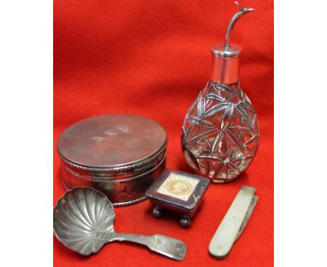 A Victorian silver caddy spoon, stamp box, etc.