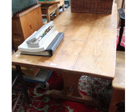 A light oak three plank refectory table on twin supports with single stretcher
183cm x 73cm x 72cm high