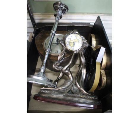 An oak mantle clock, other clocks, two painted trays and silvered framed wall mirror