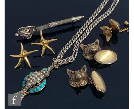 A pair of silver gilt fox head chain link cufflinks with a matching tie stud, a turquoise and pearl pendant and chain, a silv