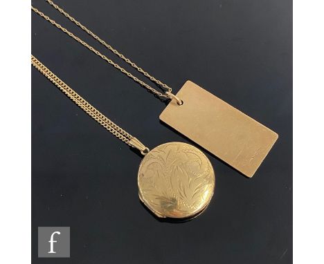 A 9ct hallmarked circular locket suspended from a fine curb chain, weight 11g, with a 9ct plain rectangular ingot suspended f