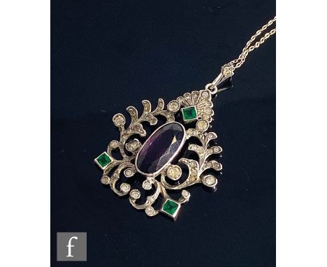 A 19th Century Austro-Hungarian silver amethyst, white and green paste pendant, central elongated oval amethyst to a pierced 