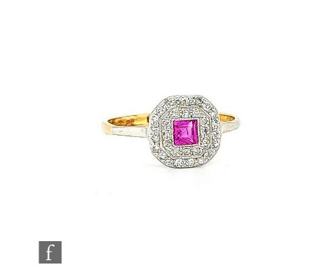 An Art Deco ruby and diamond cluster ring, central square cut ruby within two borders of pave set diamond to a cushioned squa