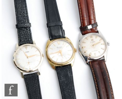 Three mid 20th Century gentlemen's manual wrist watches a Cyma, Medana and a Regency example each with gilt batons to a circu