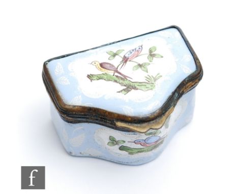 A late 18th to early 19th Century Bilston type enamel box of shaped form, the cover and serpentine front decorated with hand 