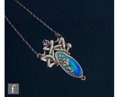 A hallmarked silver Arts and Crafts pendant with blue/green enamel decoration below pierced pediment, length 40mm, suspended 