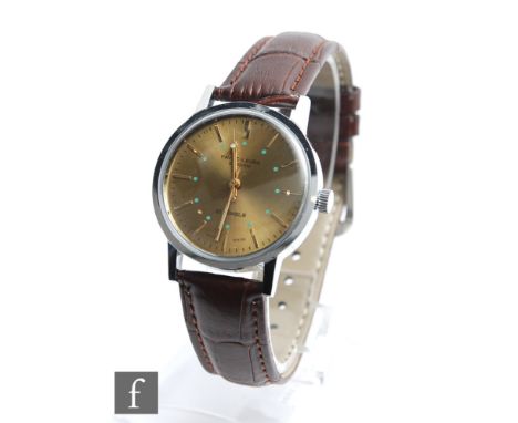 A gentleman's mid 20th Century Favre-Leuba Sandow stainless steel manual wrist watch, batons to a circular gilt dial, case di