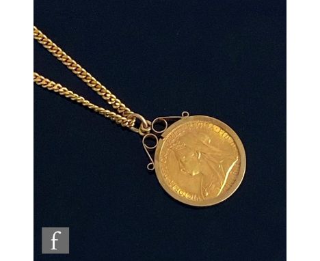 A Victoria full sovereign dated 1901 loose mounted to a 9ct pendant and suspended from a 9ct curb chain, total weight 18g. 