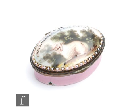 A late 18th Century Bilston type oval patch box decorated to the cover with a hand painted recumbent sheep with the text 'An 