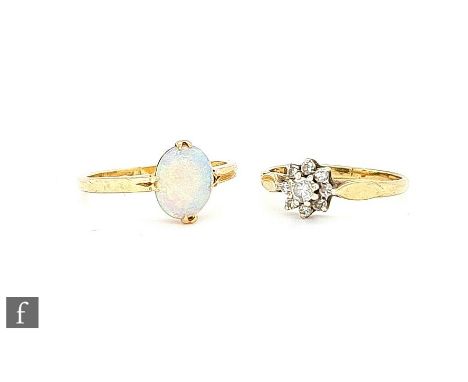 A 9ct single stone opal ring, oval claw set stone, with a 9ct hallmarked diamond cluster ring, total weight 3.3g, ring sizes 