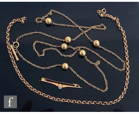A 9ct open rope chain with six ball spacers terminating in bolt ring fastener, with a 9ct belcher link chain and a 9ct bar br