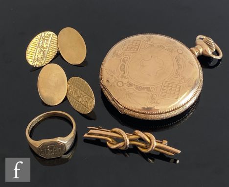 A pair of 9ct oval chain link cufflinks with a 9ct signet ring and a 9ct double knot brooch, total weight 15.5g, various styl