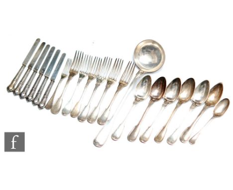 A parcel lot of French silver fiddle and thread pattern flatware to include six table spoons, six dinner forks, six dessert k